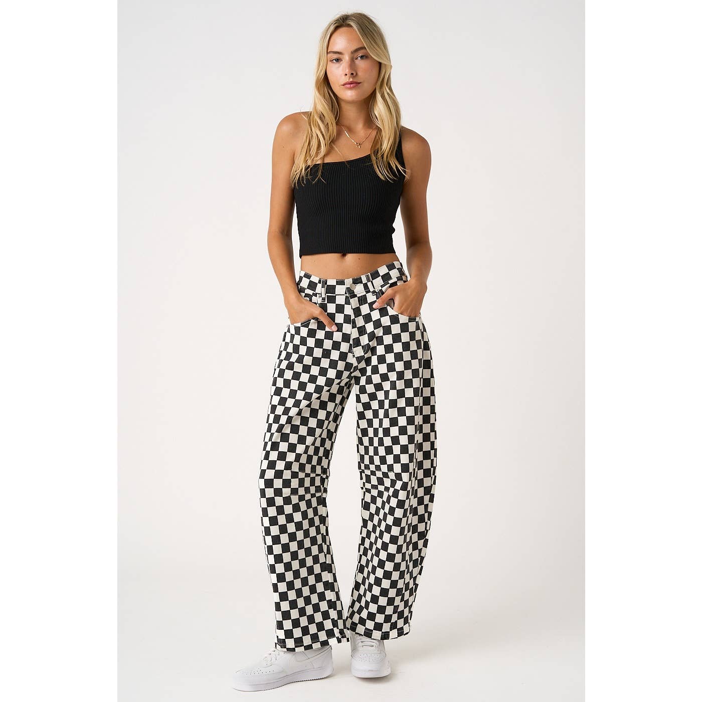 GAME DAY CHECKERED ELASTIC WAIST BARREL PANTS