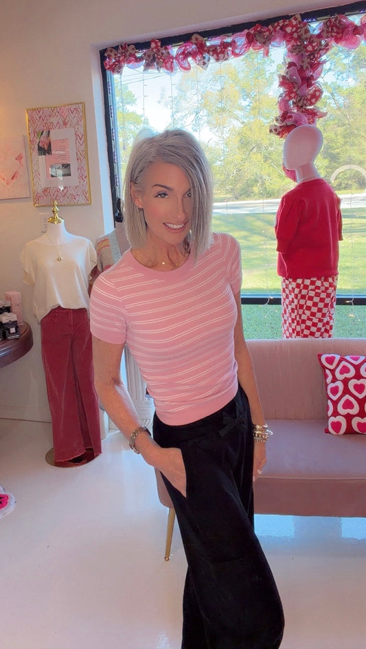 Short Sleeve Crew Neck Striped Seamless Top