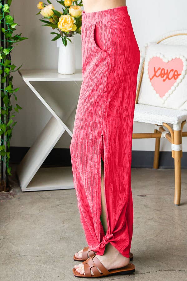 Lightweight Crinkle Ankle Tie Split Side Flowy Pants  P5047