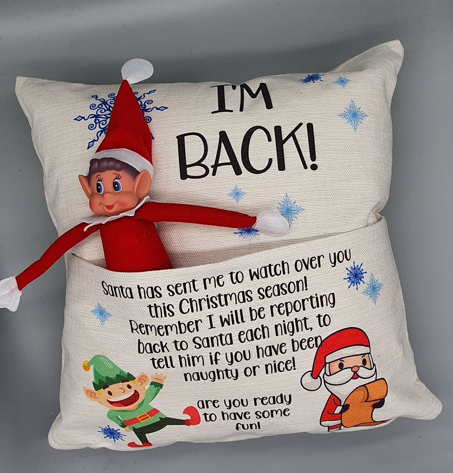 Elf Arrival Cushion, Naughty Christmas Elf printed no pad