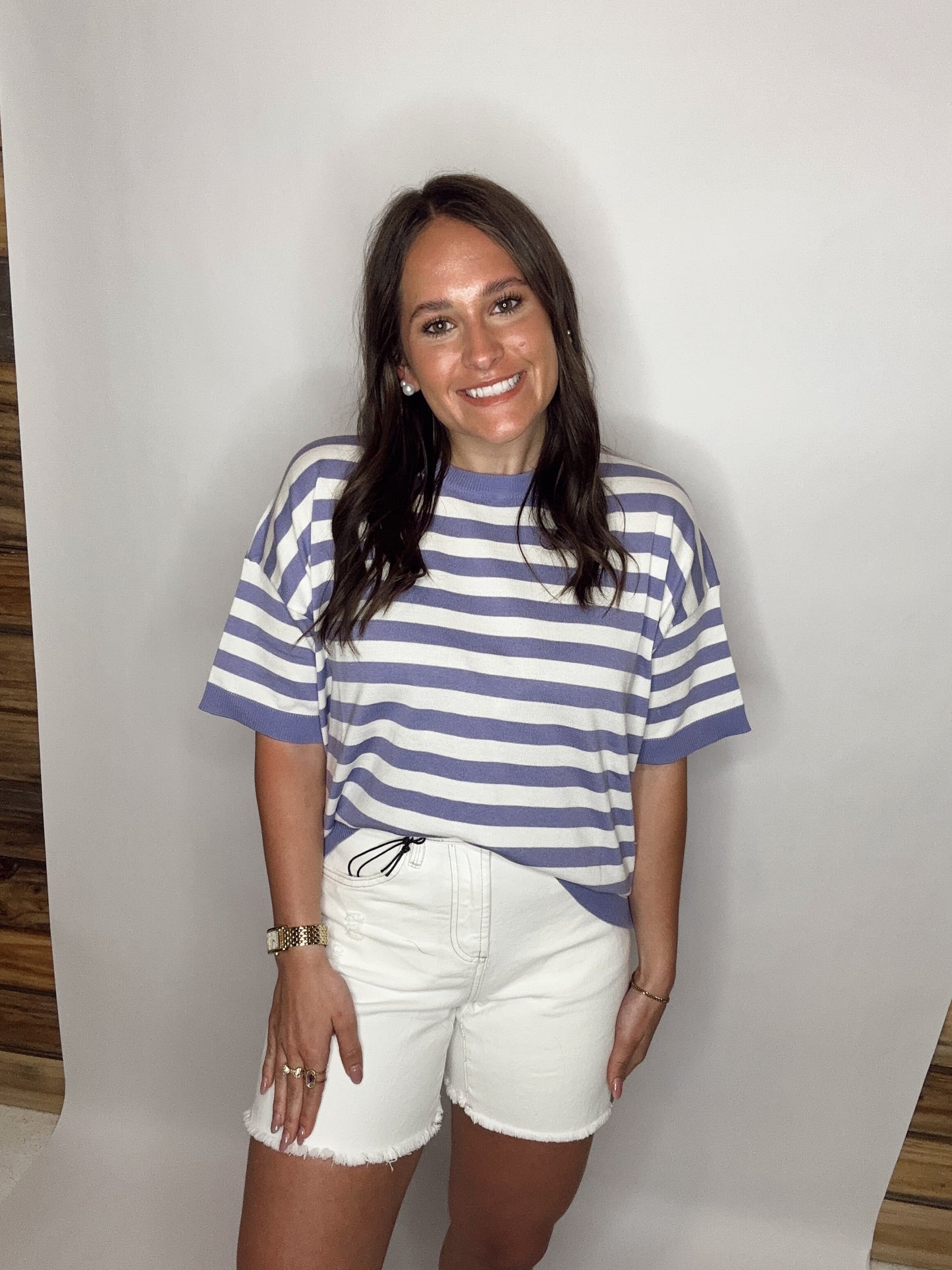Crew Neck Short-Sleeve Stripe knitted Sweater Top