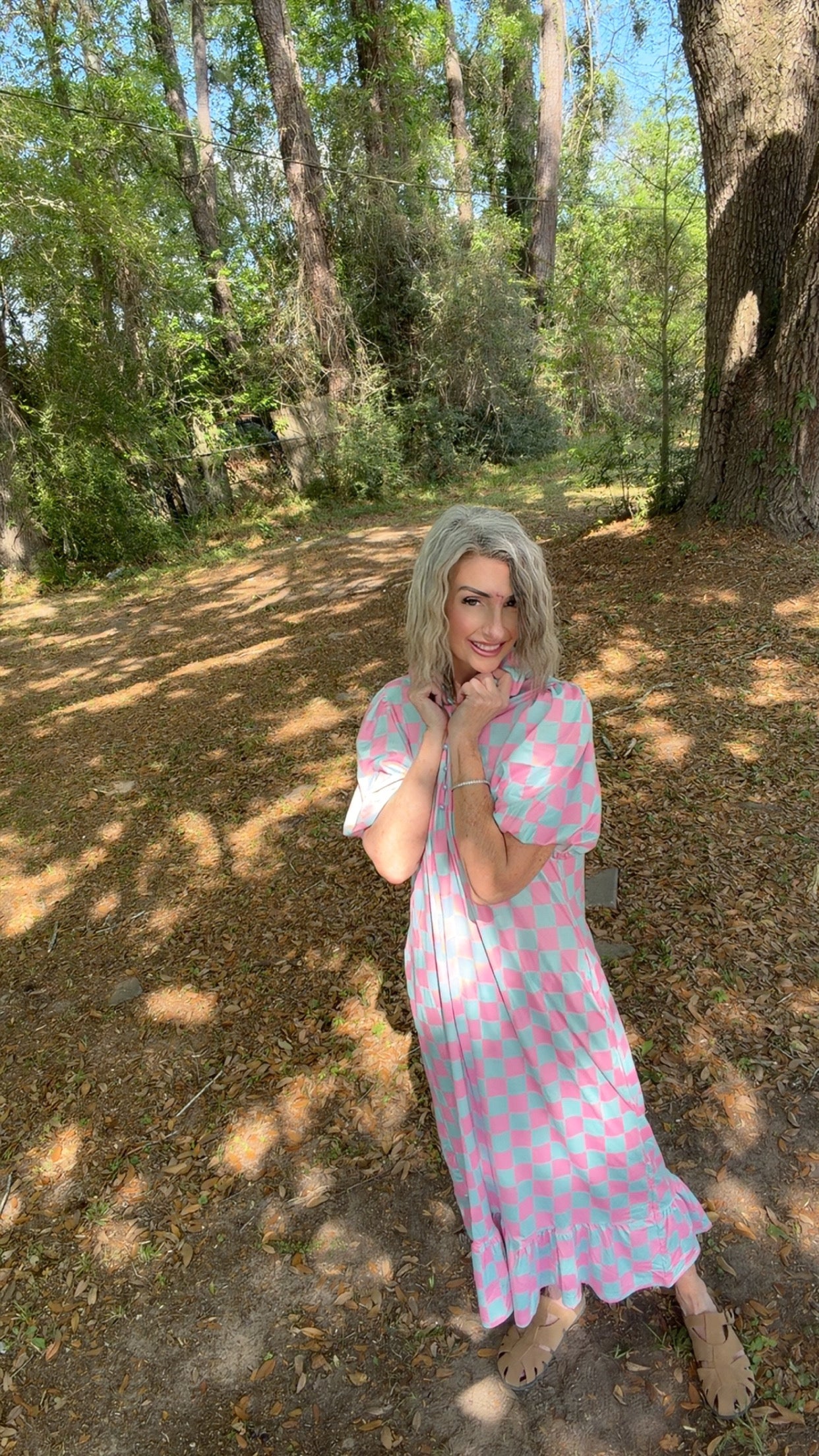 Pink & Light Blue Checkered Midi Dress with Pockets