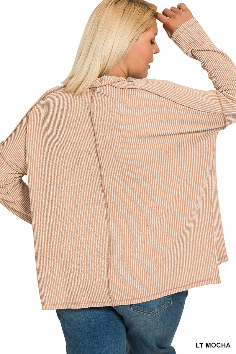 Plus Raised Rib Raw Edge Boat Neck Long Sleeve Top