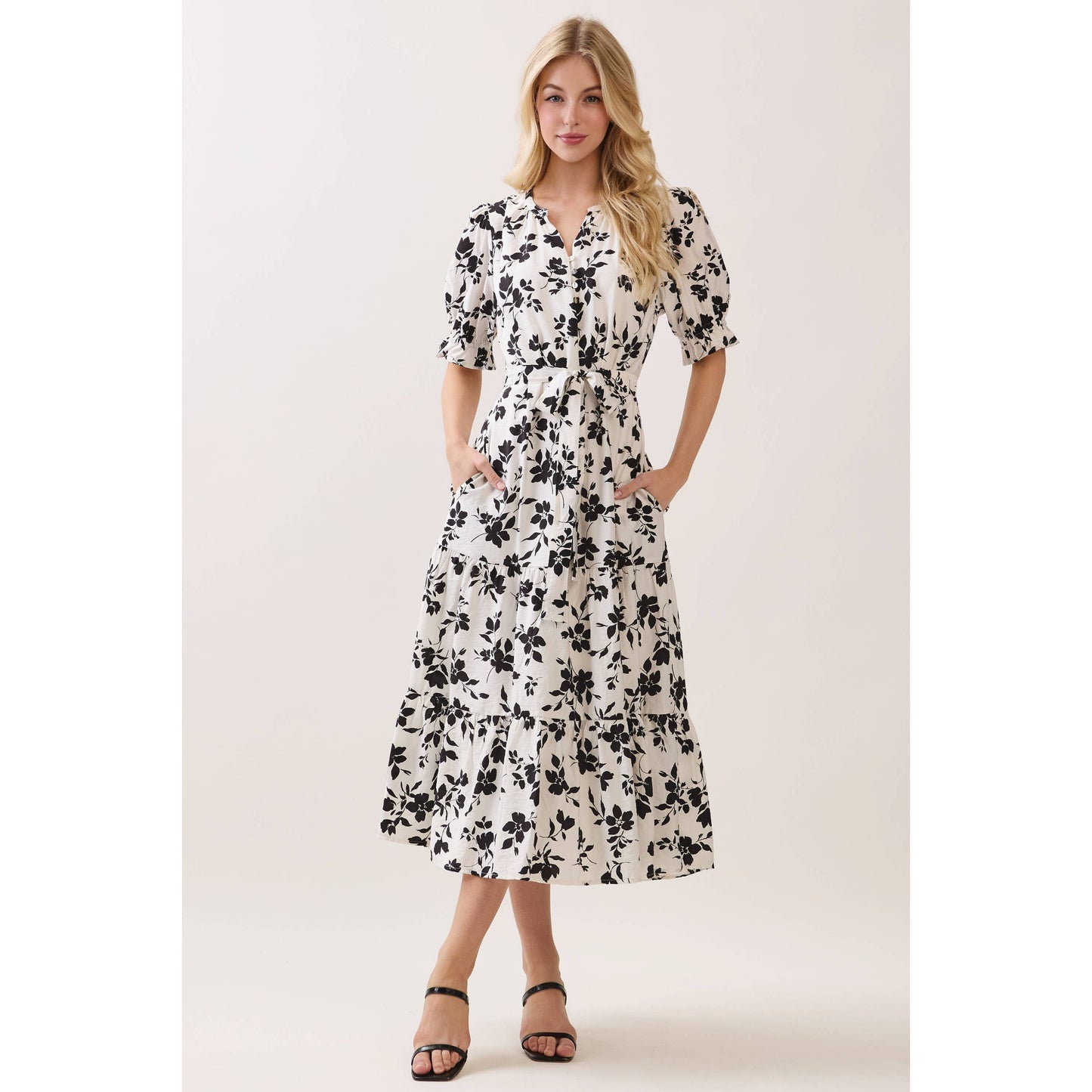 V NECK WAIST TIE TIERED MIDI DRESS -