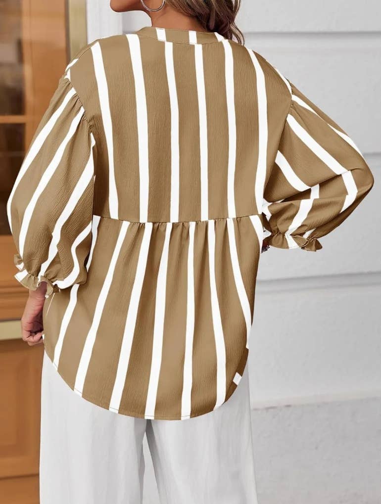 V-neck half sleeve blouse peplum top in contrast stripe