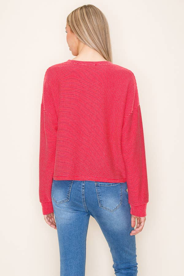 L/S RIBBED ROUND NECK TOP WITH POCKET