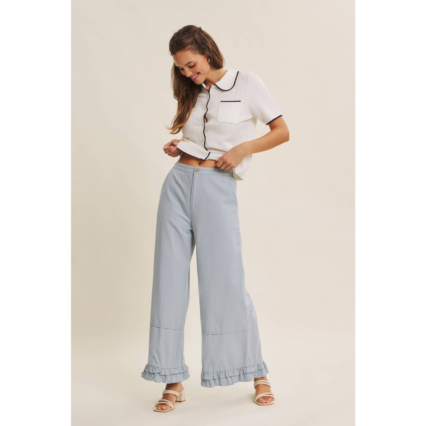 DREAMY STATEMENT COTTON WASHED WIDE-LEG PANTS WITH RUFFLES