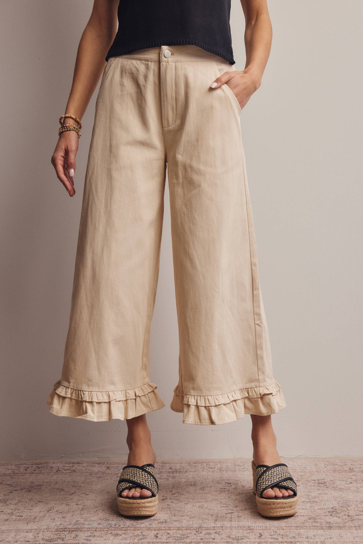 Ruffle Hem Wide-Leg Pants