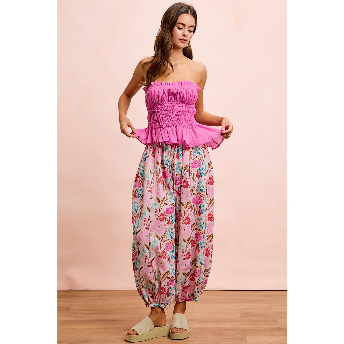 FLOWER PRINTED ELASTIC WAIST BALLOON PANTS