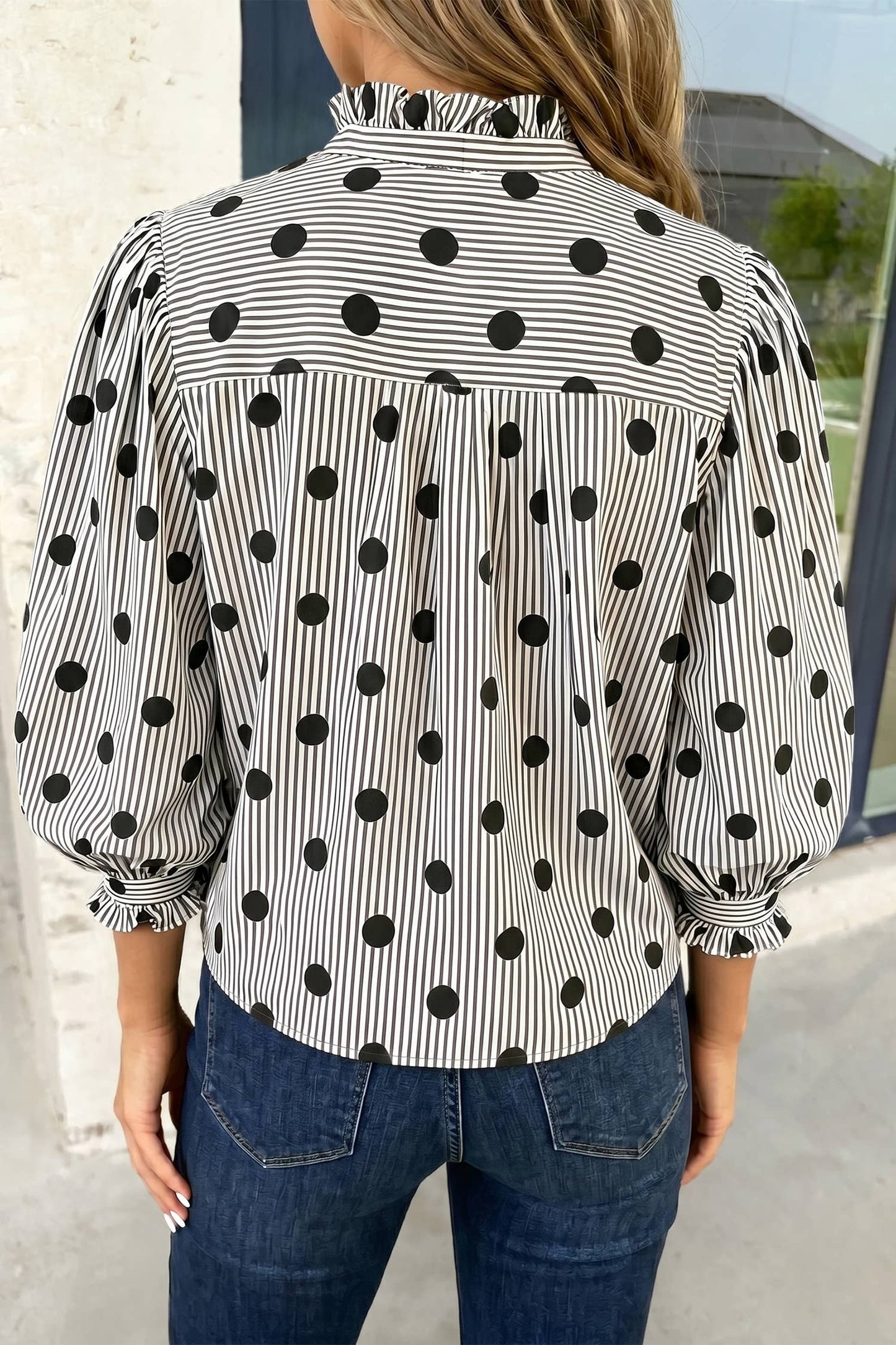 Striped Print Polka Dot Ruffle Stand Neck Shirts