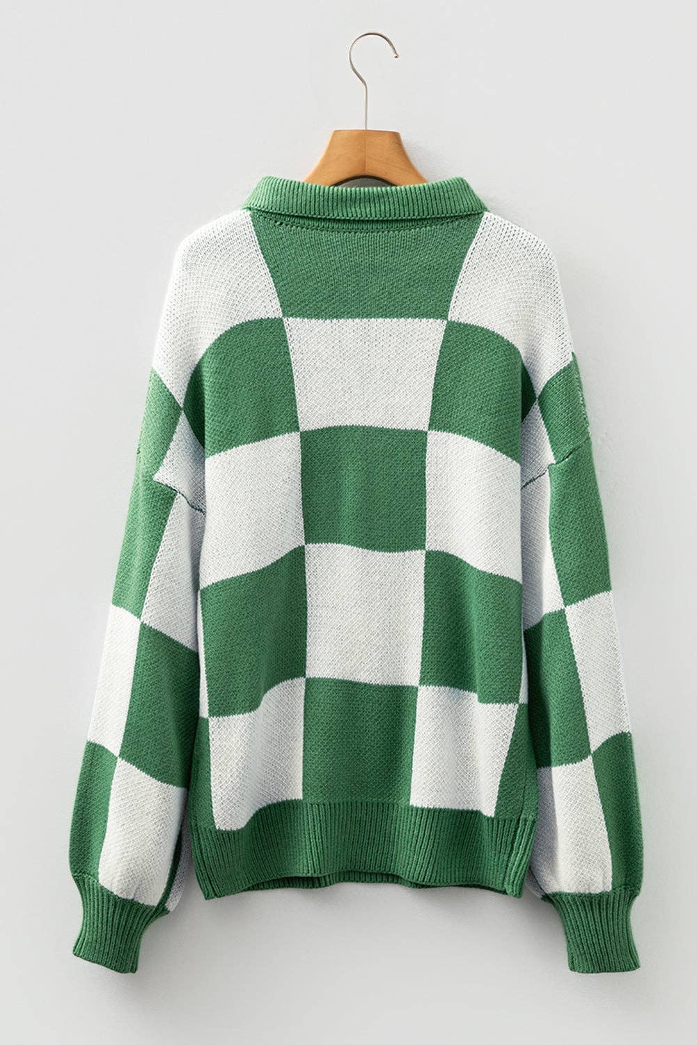 V Neck Checkered Sweater - Green