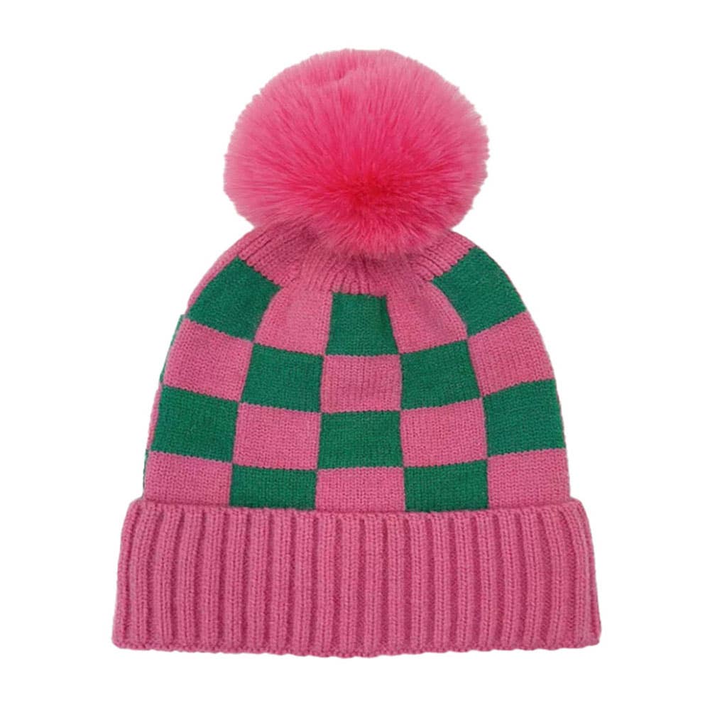 Checkerboard Patterned Pom Pom Beanie Hat