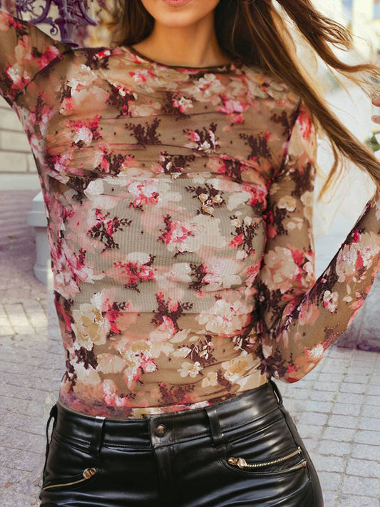 Floral Print Sheer Mesh Long Sleeve Top
