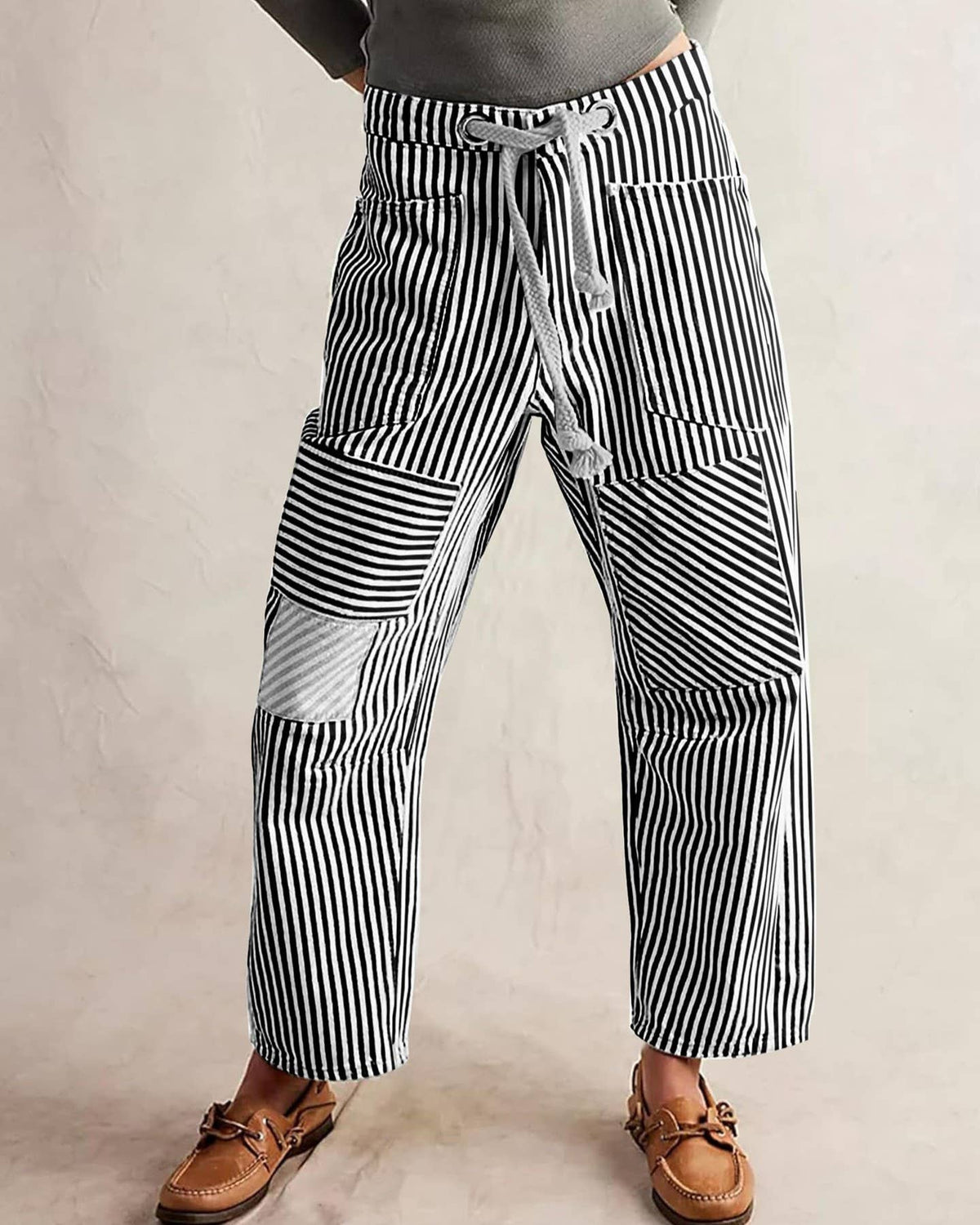 Fashion Mid-Rise Casual Striped Drawstring Wide-Leg Pants