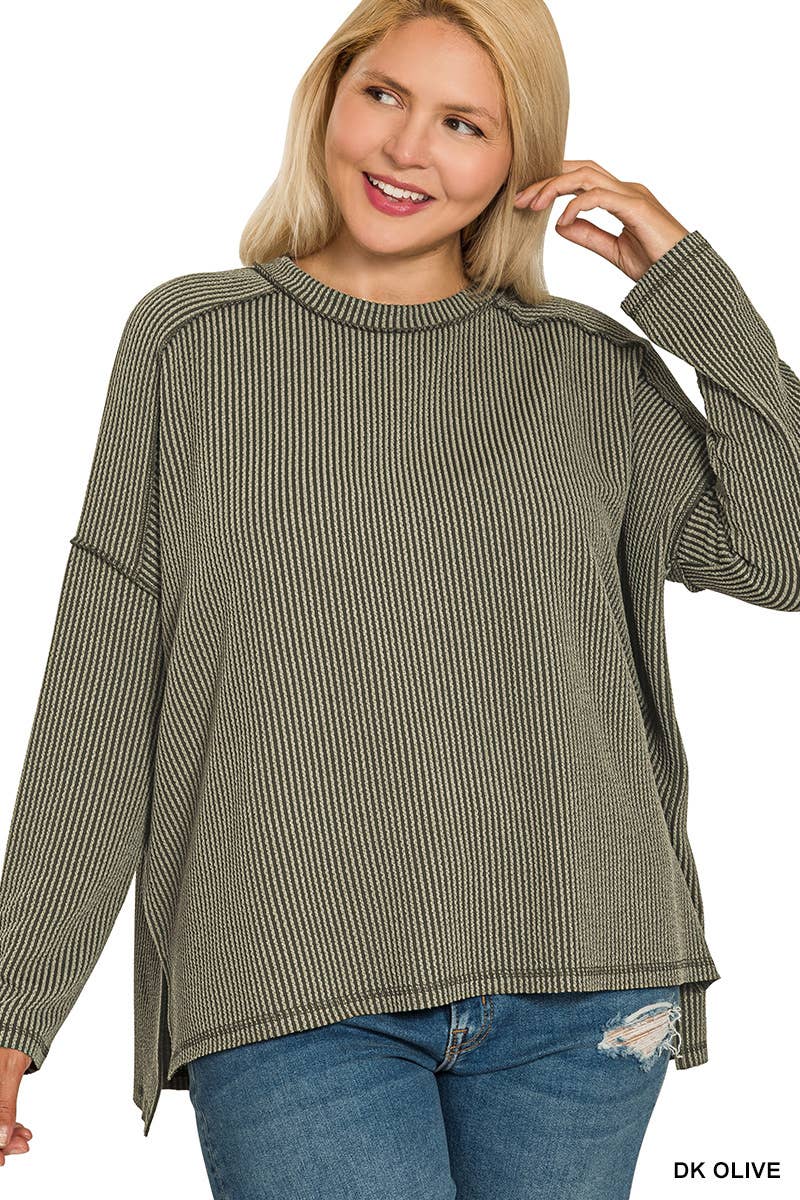 Plus Raised Rib Raw Edge Boat Neck Long Sleeve Top