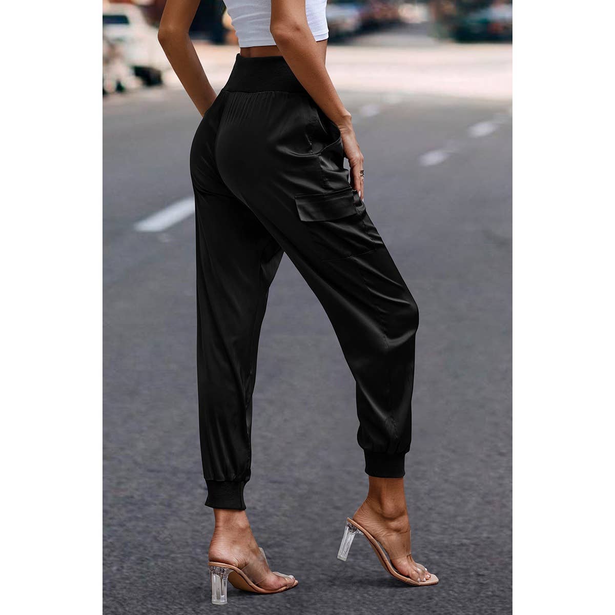 Elastic High Waist Sweatpants Sporty Pocket Pants