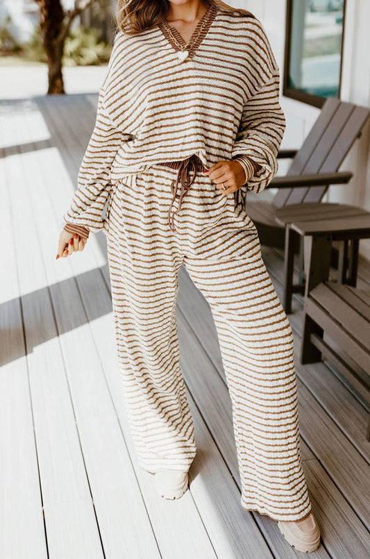 Stripe Collared Pullover Top and Drawstring Pant Set