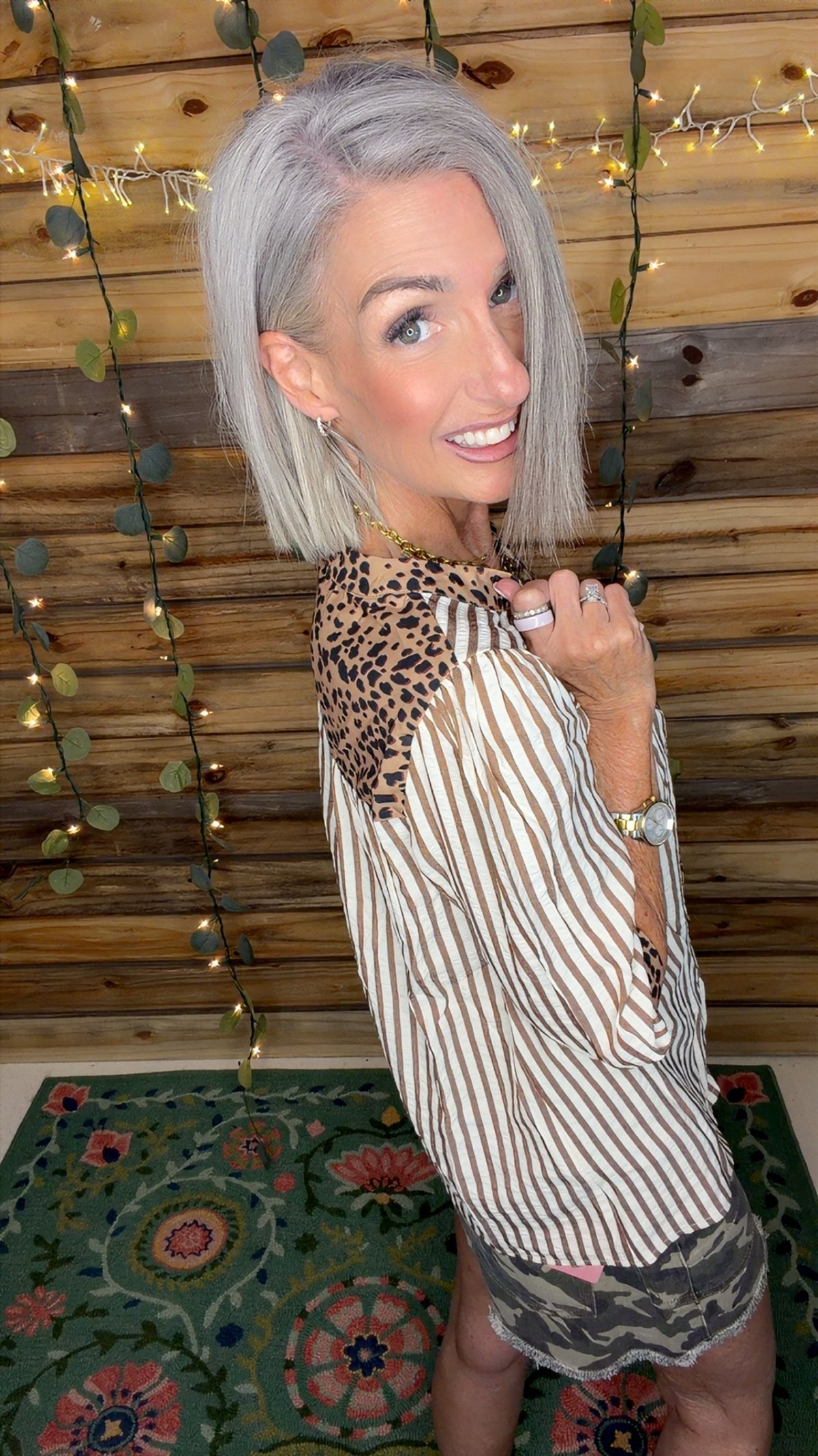 Leopard Trim Button Down Stripe Half Sleeve Shirt