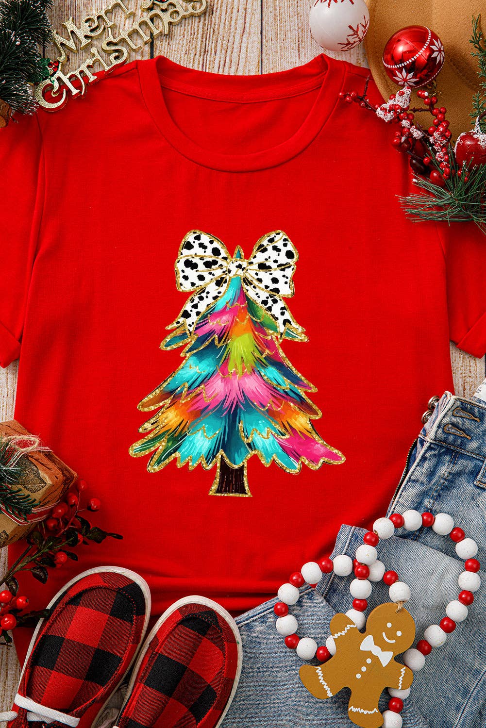Red Christmas Tree Bow Graphic Holiday Casual T Shirt
