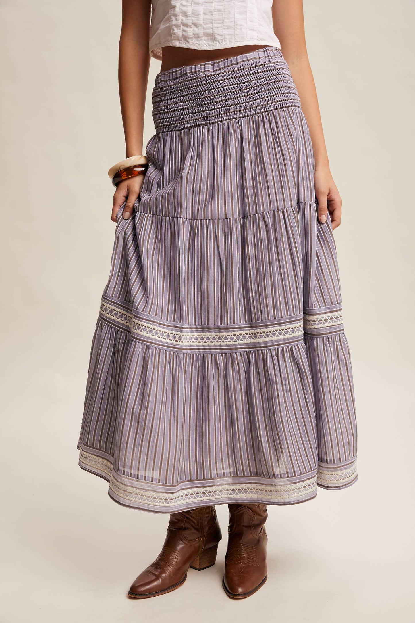 Striped Smocked Maxi Skirt with Embroidery Accents