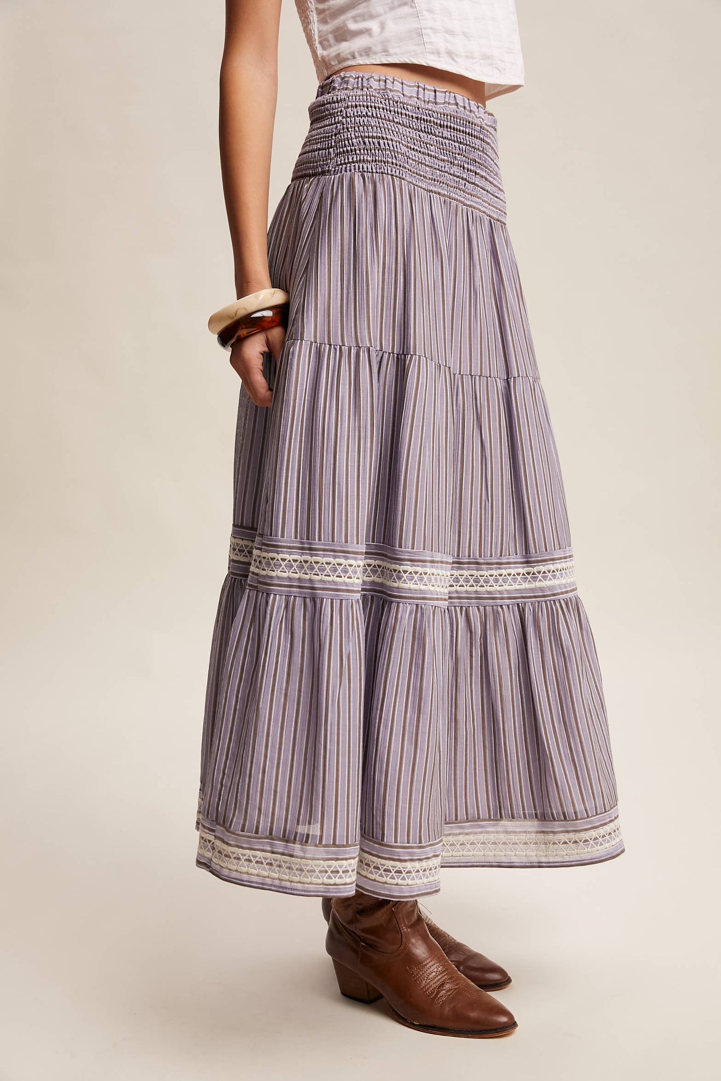 Striped Smocked Maxi Skirt with Embroidery Accents