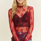 Floral Mesh Lace Mock Neck Long Sleeve Fitted sheer top