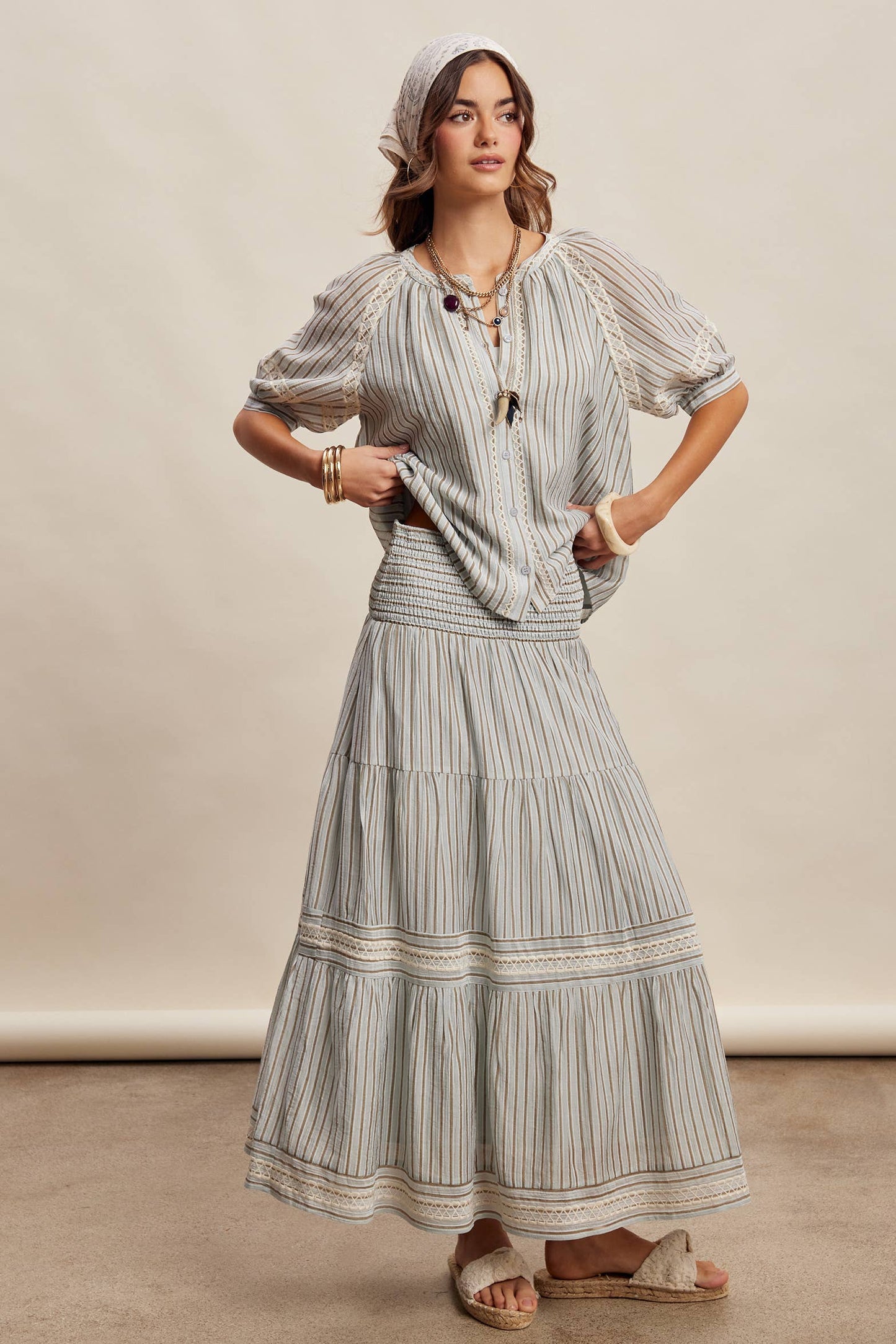 Striped Smocked Maxi Skirt with Embroidery Accents