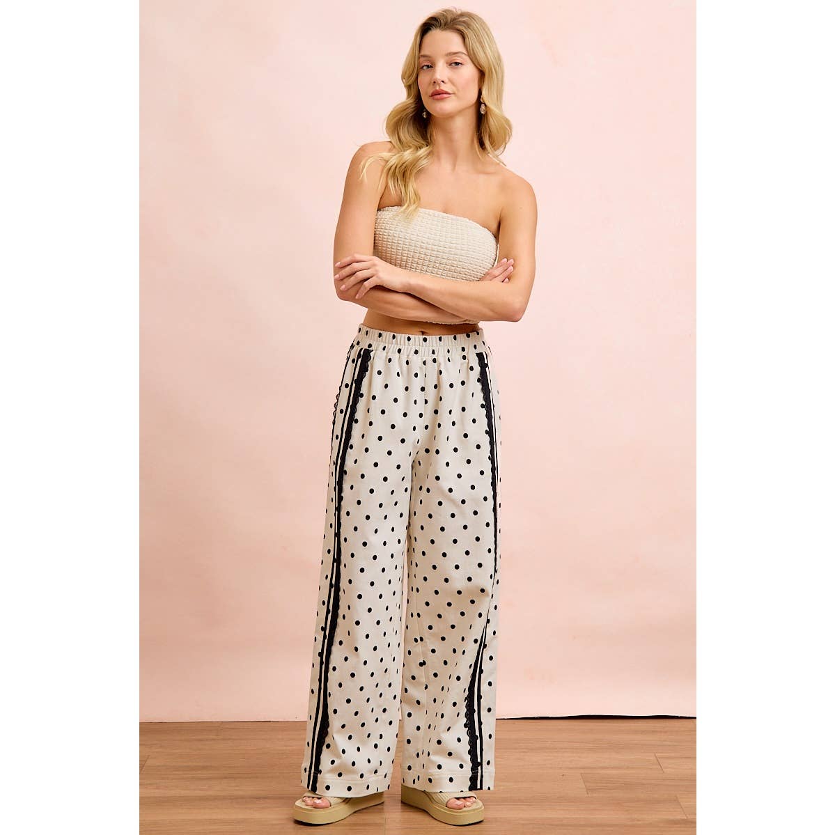 POLKA DOT PRINTED TWILL LACE TRIM DETAIL PANTS