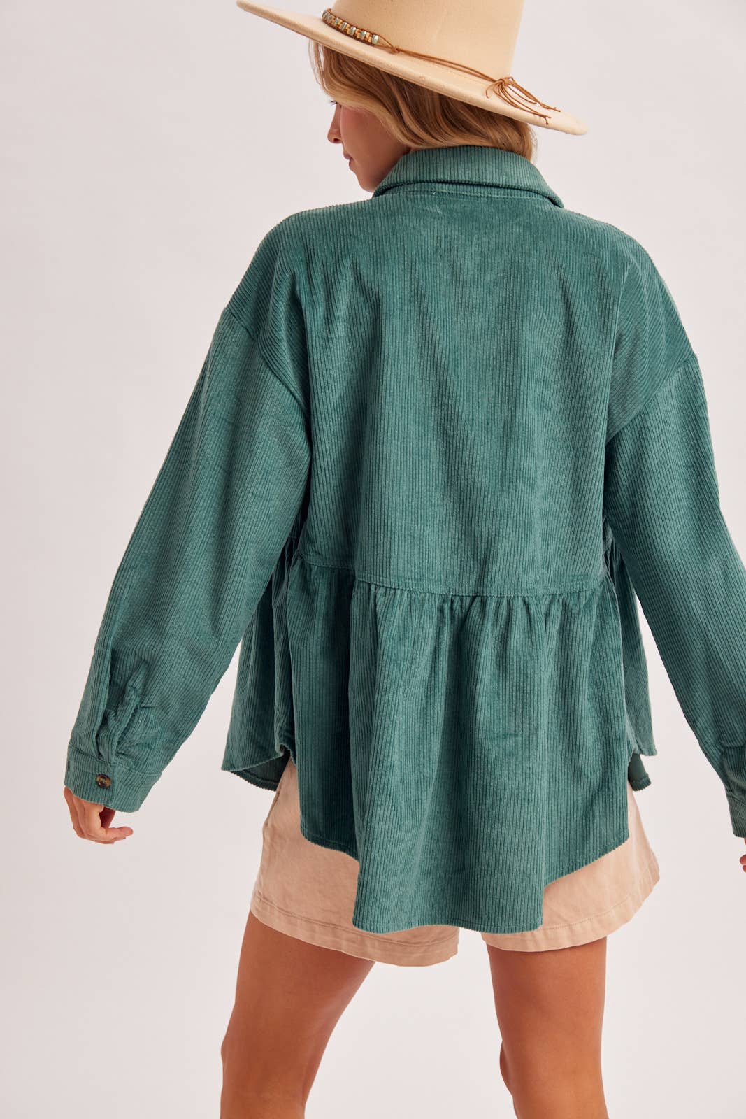 BUTTON DOWN CORDUROY PEPLUM SHACKET