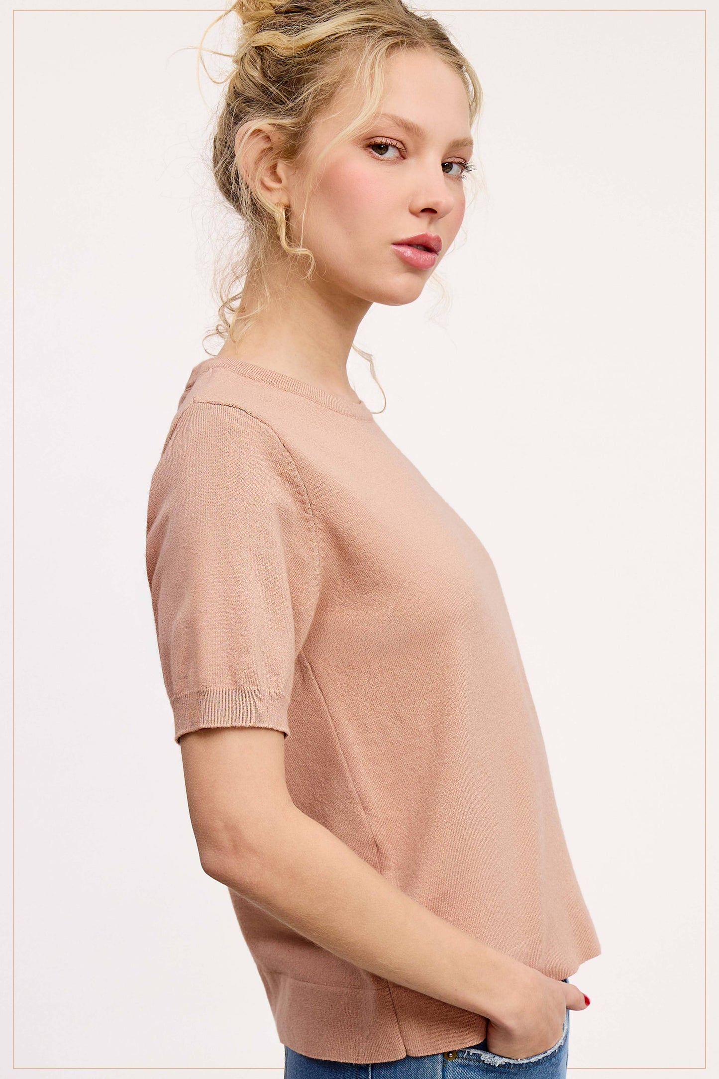 Soft Short Puffy Sleeve Basic Stretchy Knit Top
