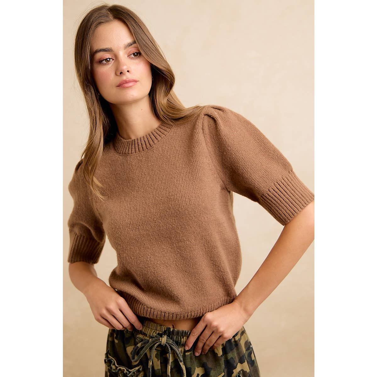 SOLID KNIT PUFF SHORT SLEEVES TOP