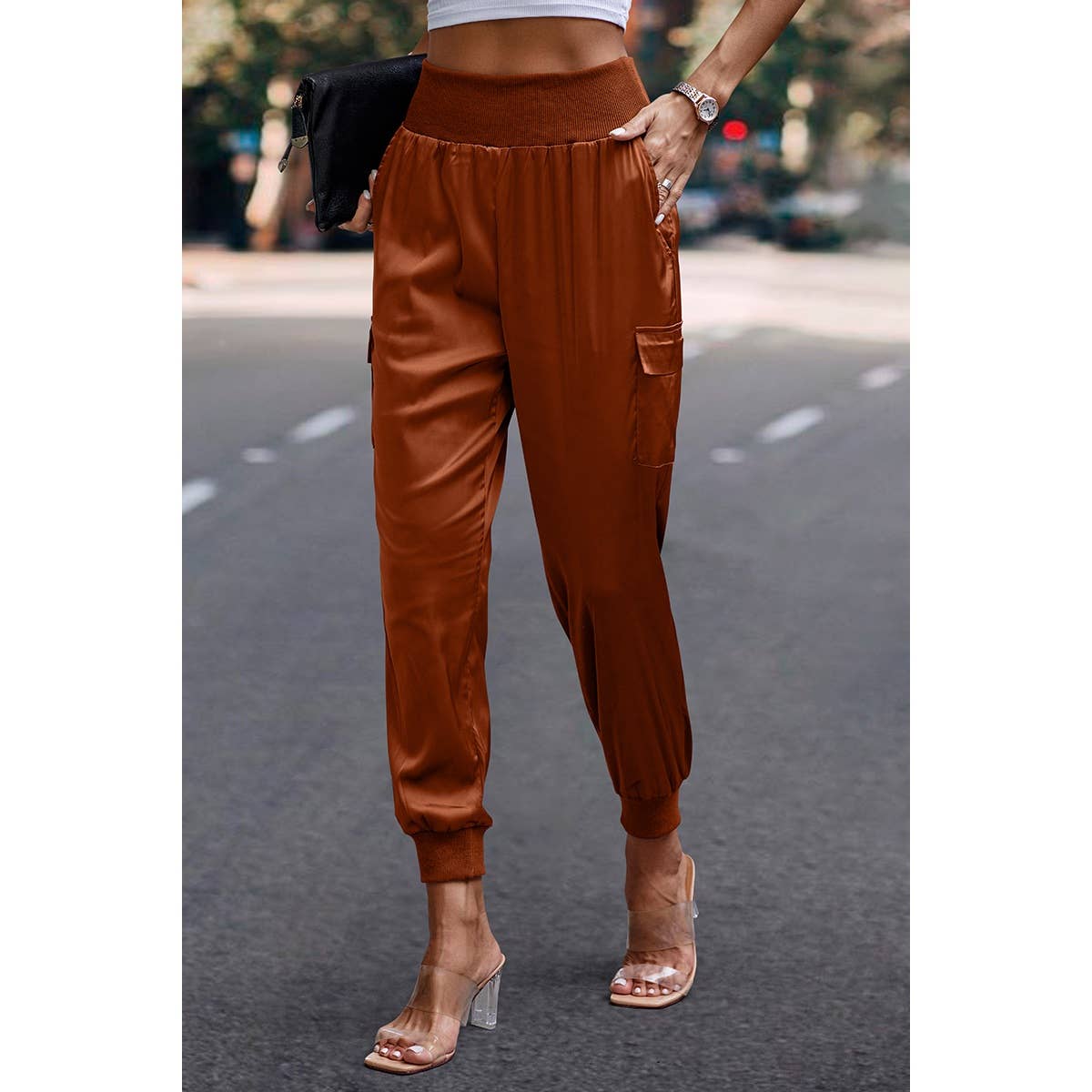 Elastic High Waist Sweatpants Sporty Pocket Pants