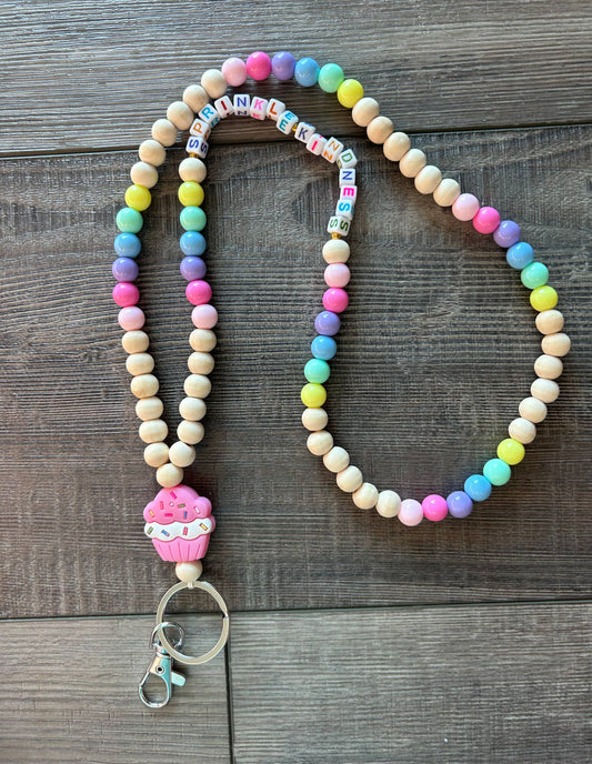 Colorful Beaded Teacher Lanyard with Cupcake Charm