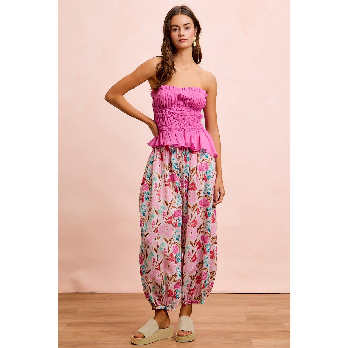 FLOWER PRINTED ELASTIC WAIST BALLOON PANTS