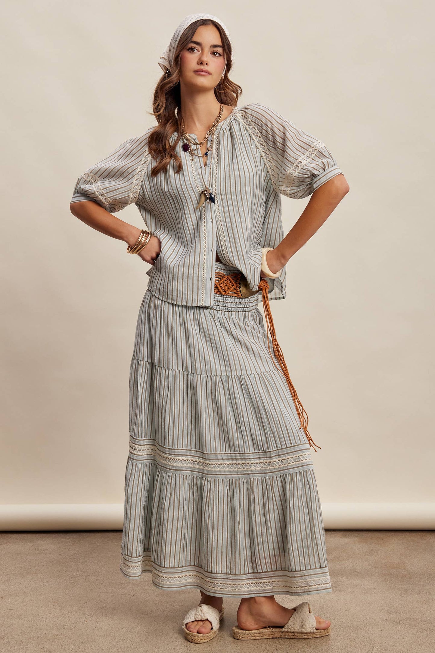 Striped Smocked Maxi Skirt with Embroidery Accents