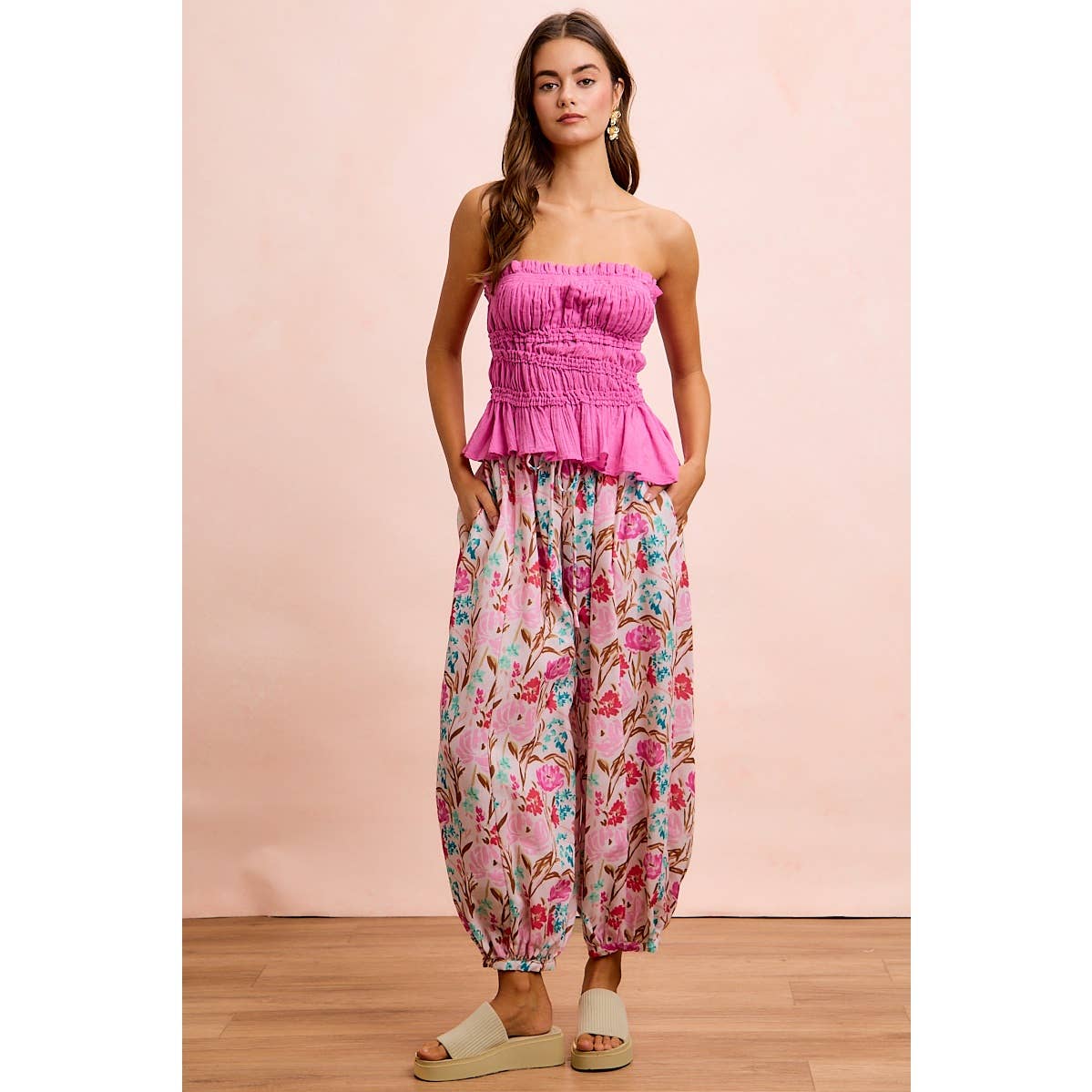 FLOWER PRINTED ELASTIC WAIST BALLOON PANTS