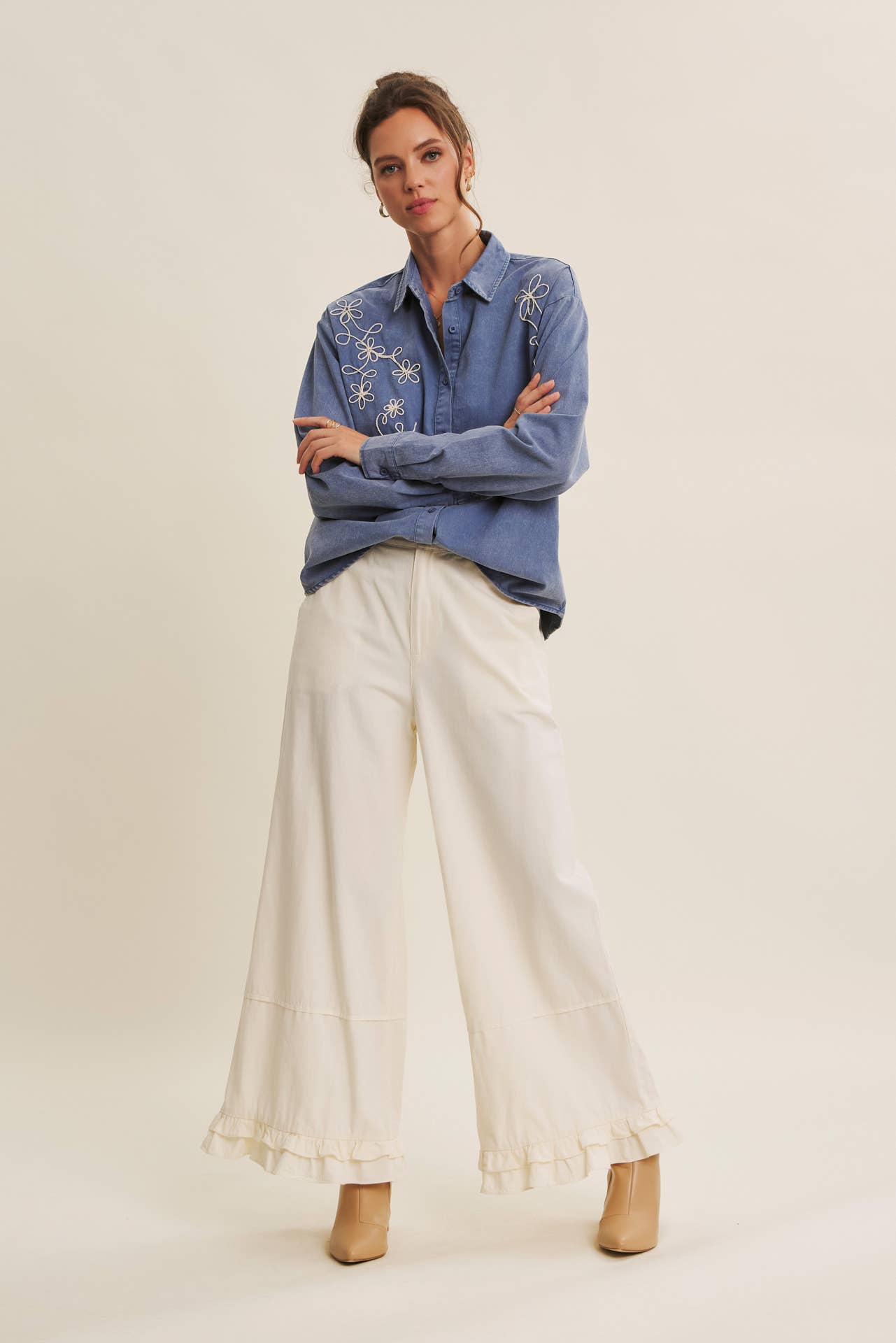 DREAMY STATEMENT COTTON WASHED WIDE-LEG PANTS WITH RUFFLES