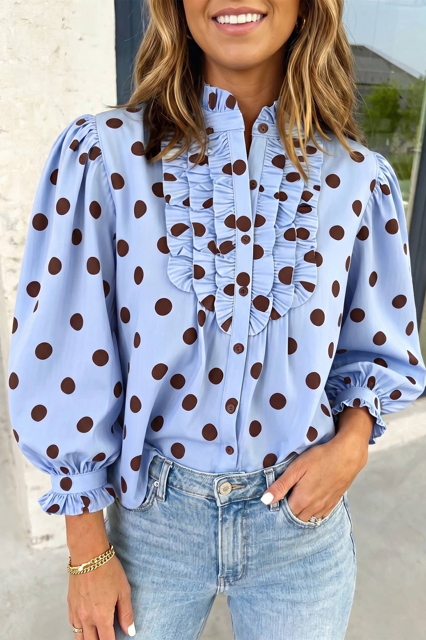 Striped Print Polka Dot Ruffle Stand Neck Shirts