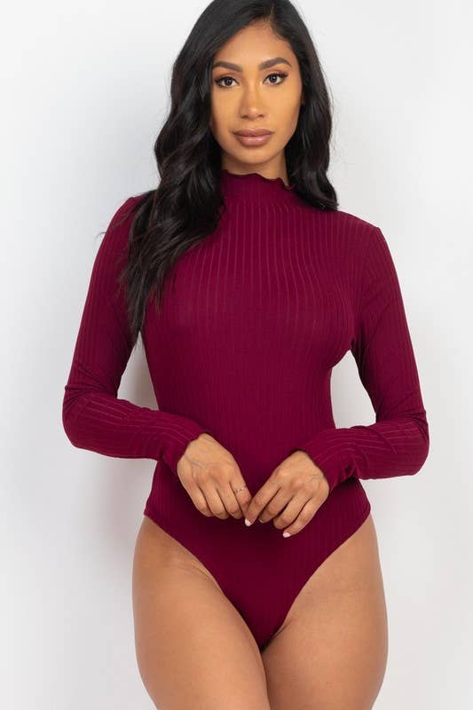 Ribbed Lettuce Edge Mock Neck Long Sleeve Bodysuit