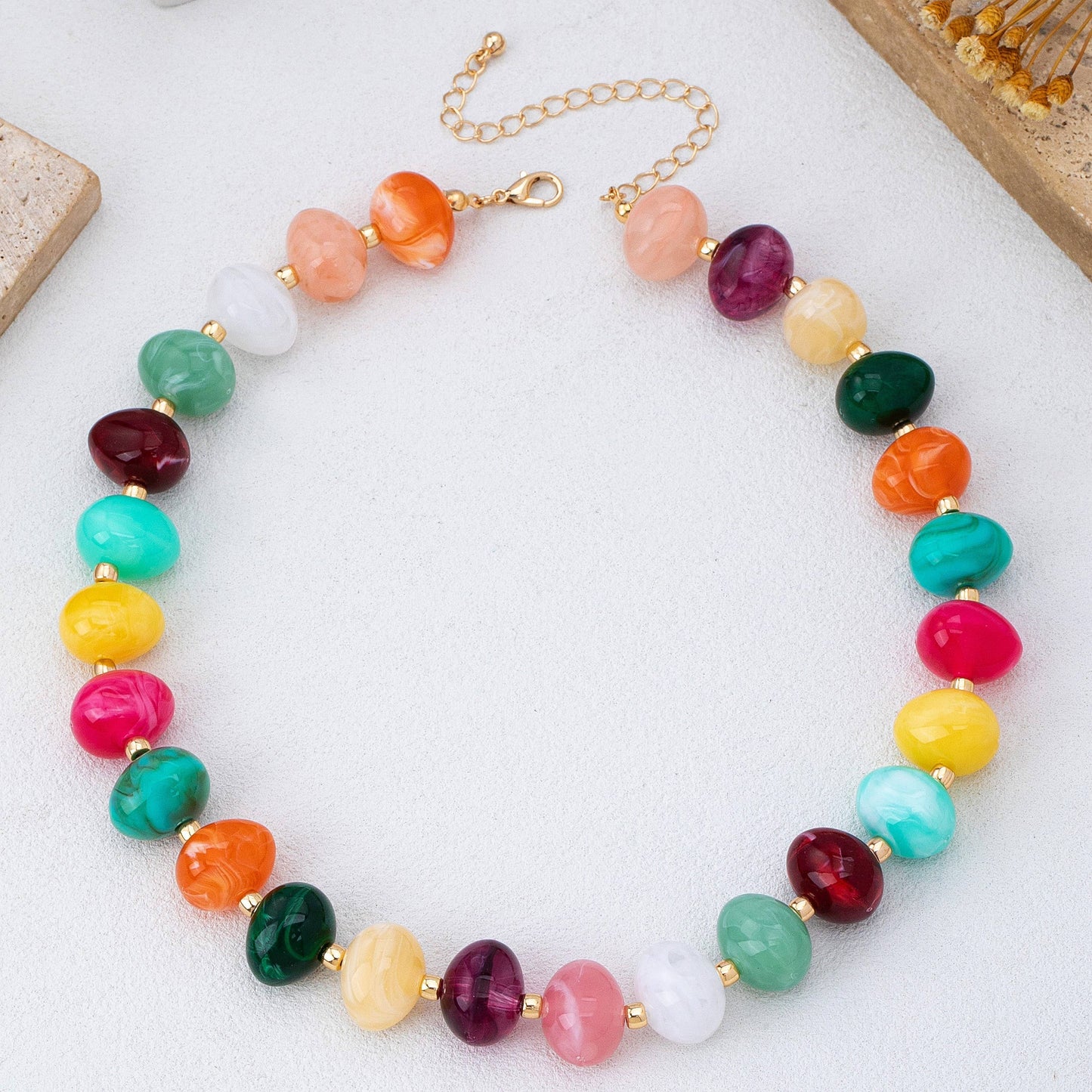 Multi Colored Resin Pebble Beaded Necklace | 80N93363