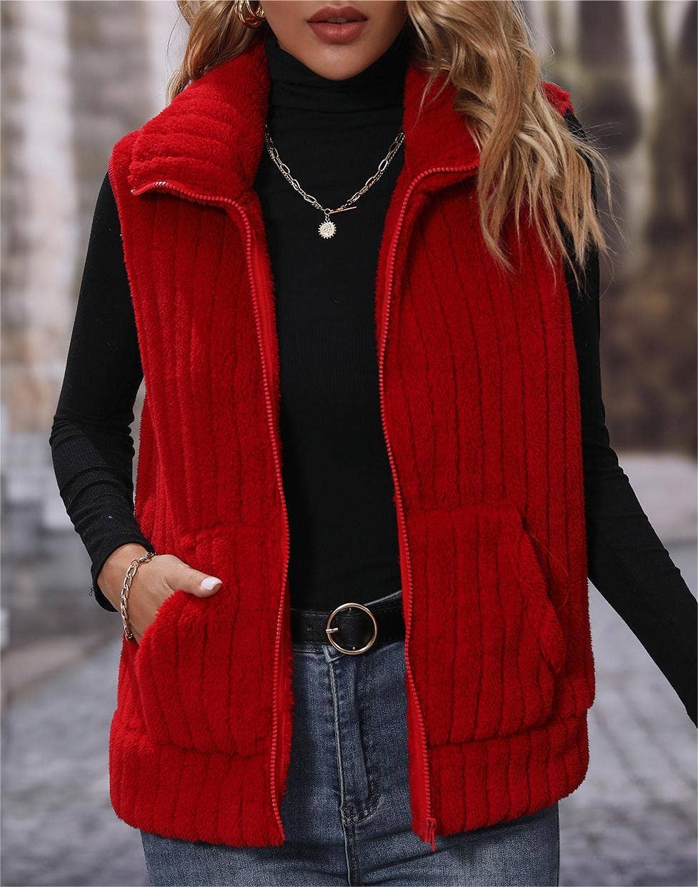 Fall warm sleeveless zip plush fleece outerwear vest