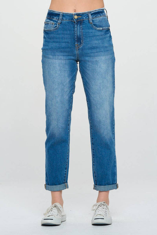 Medium Wash - High Rise Roll Up Boyfriend Jeans