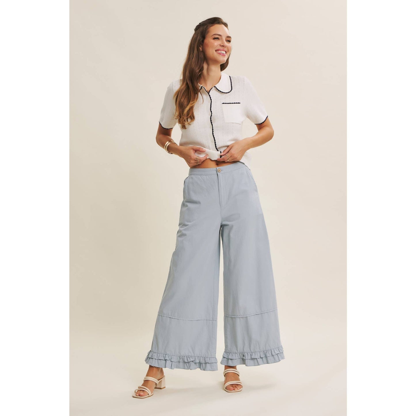 DREAMY STATEMENT COTTON WASHED WIDE-LEG PANTS WITH RUFFLES