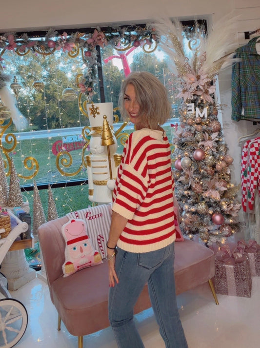 Striped Short Sleeve V-Neck Knit Top