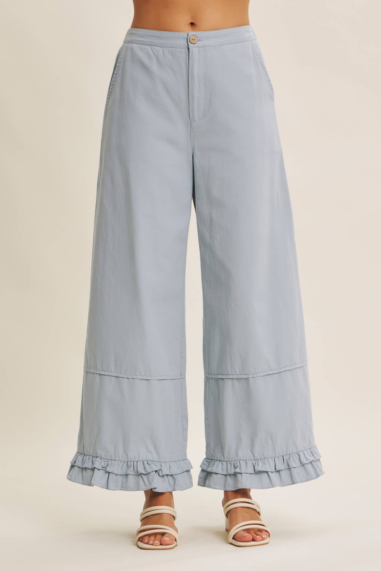 DREAMY STATEMENT COTTON WASHED WIDE-LEG PANTS WITH RUFFLES