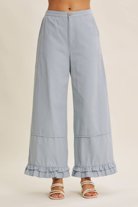 DREAMY STATEMENT COTTON WASHED WIDE-LEG PANTS WITH RUFFLES