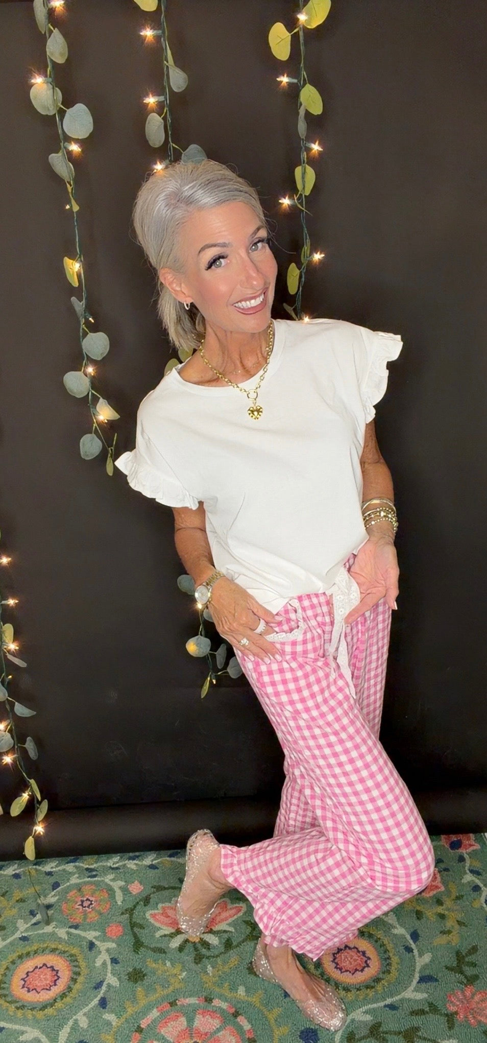 RUFFLED BOTTOM DETAIL CHECK GINGHAM LACE TRIM PANT