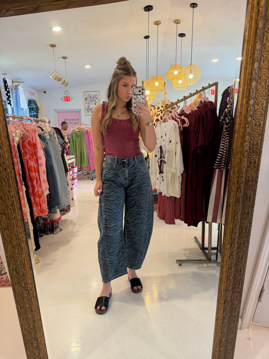 Zebra Print Barrel Jeans