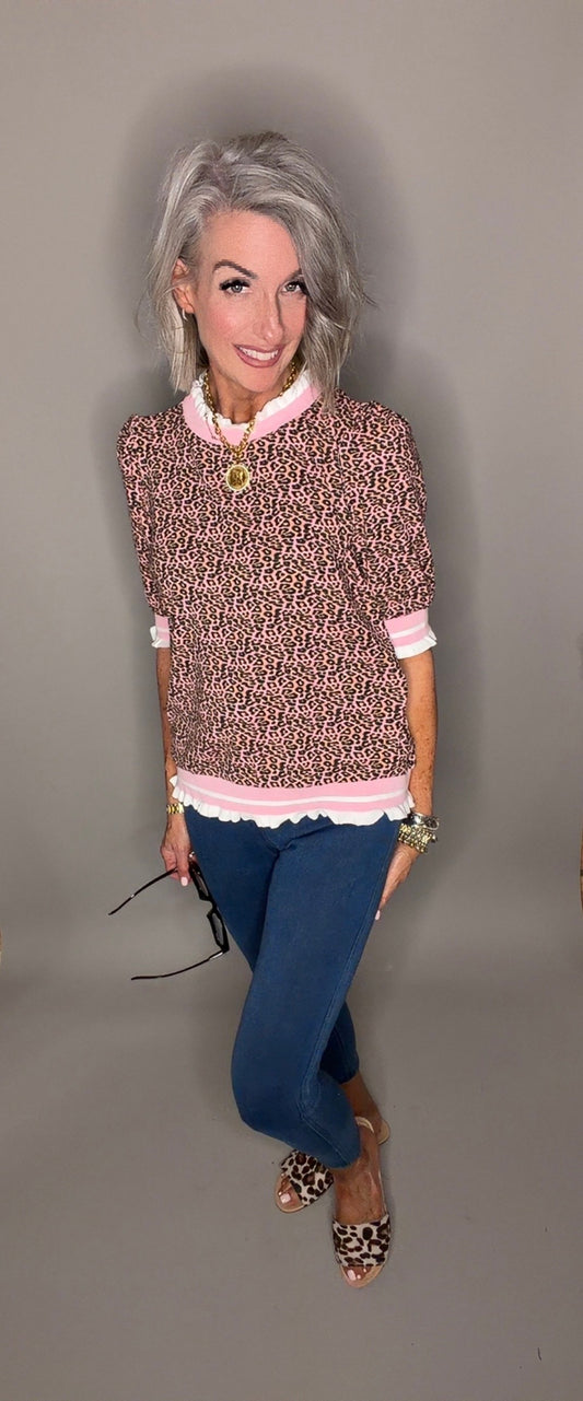 Leopard Print Knit Top with Contrast Trim