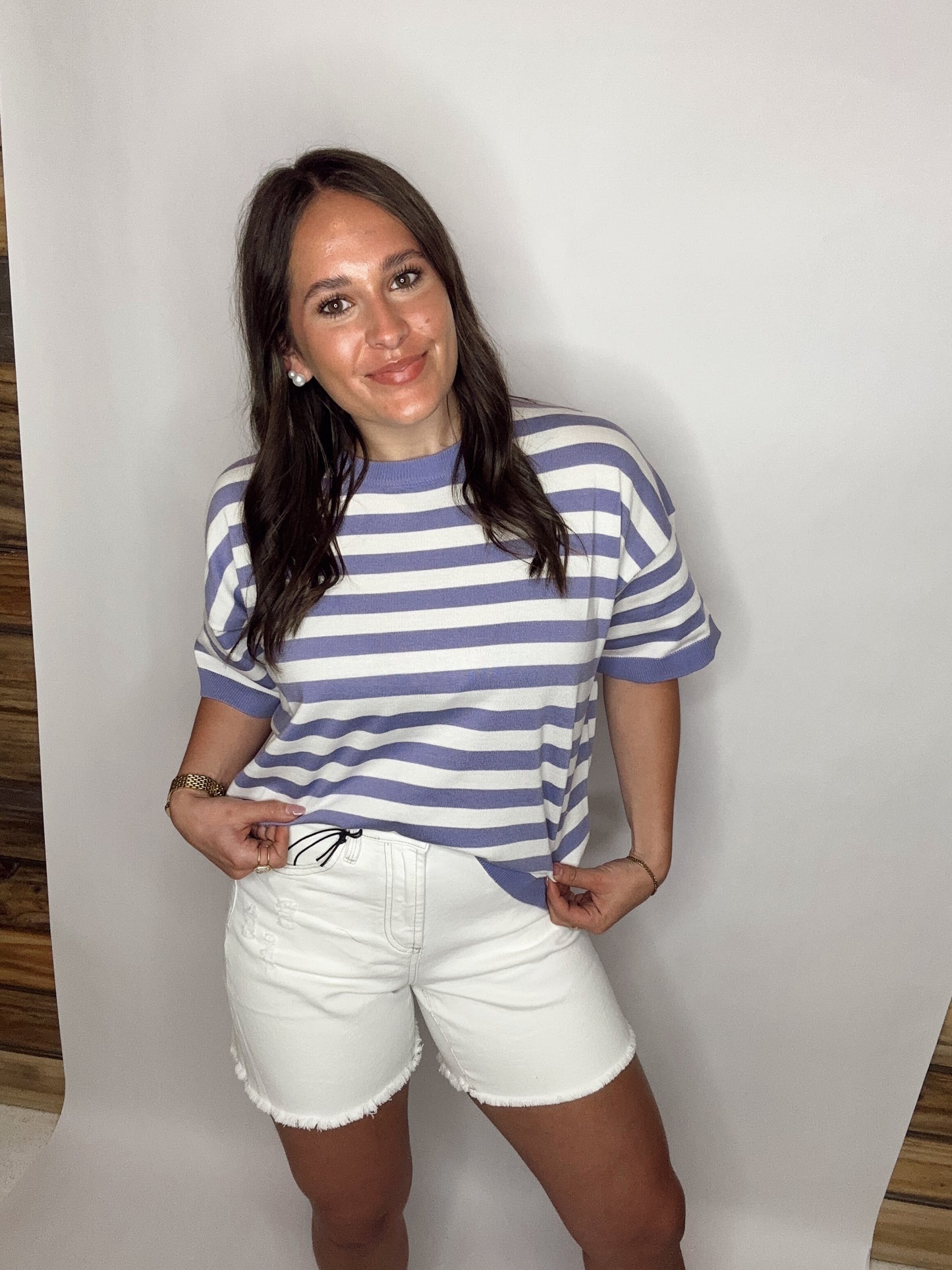 Crew Neck Short-Sleeve Stripe knitted Sweater Top